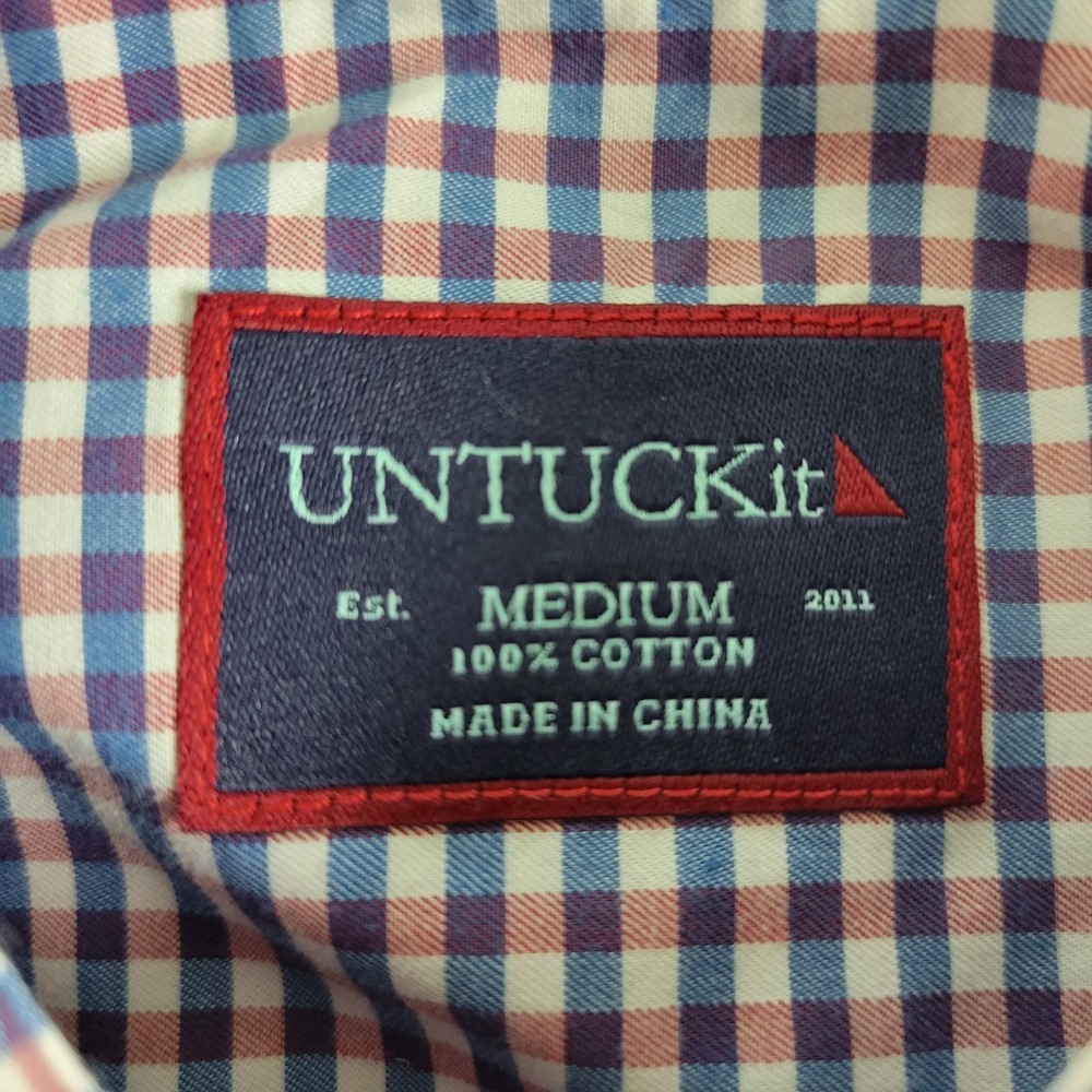 Untuckit Mens Medium Red White Blue Gingham Check Button Down Short Sleeve - Picture 4 of 5